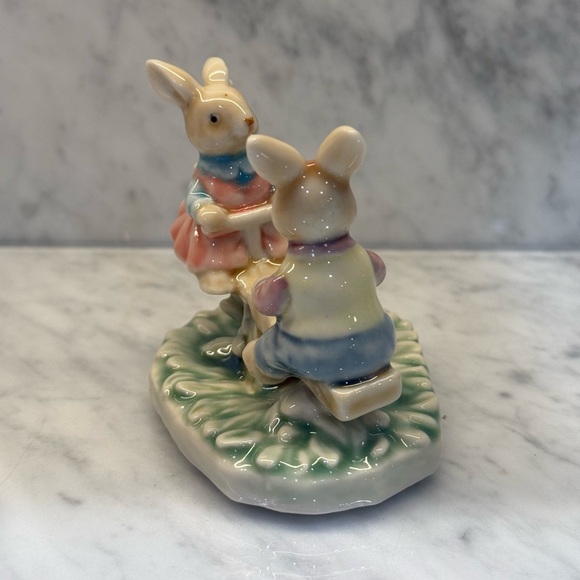 Porcelain Easter Bunnies on a Seesaw Figurine - Picture 2 of 5